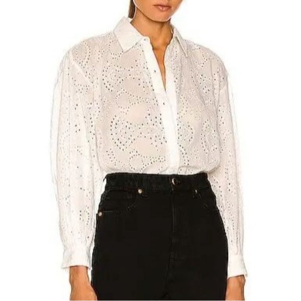 Nili Lotan Elegant White Eyelet Long Sleeve Button Down Women's Top Sz S